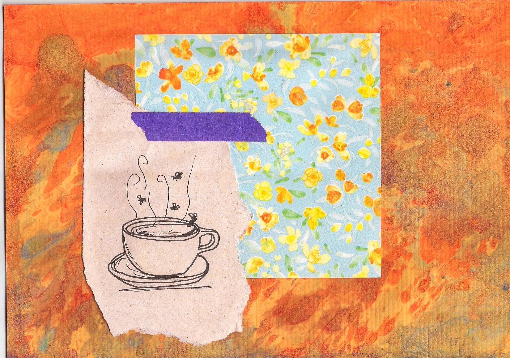 flores, café y moscas